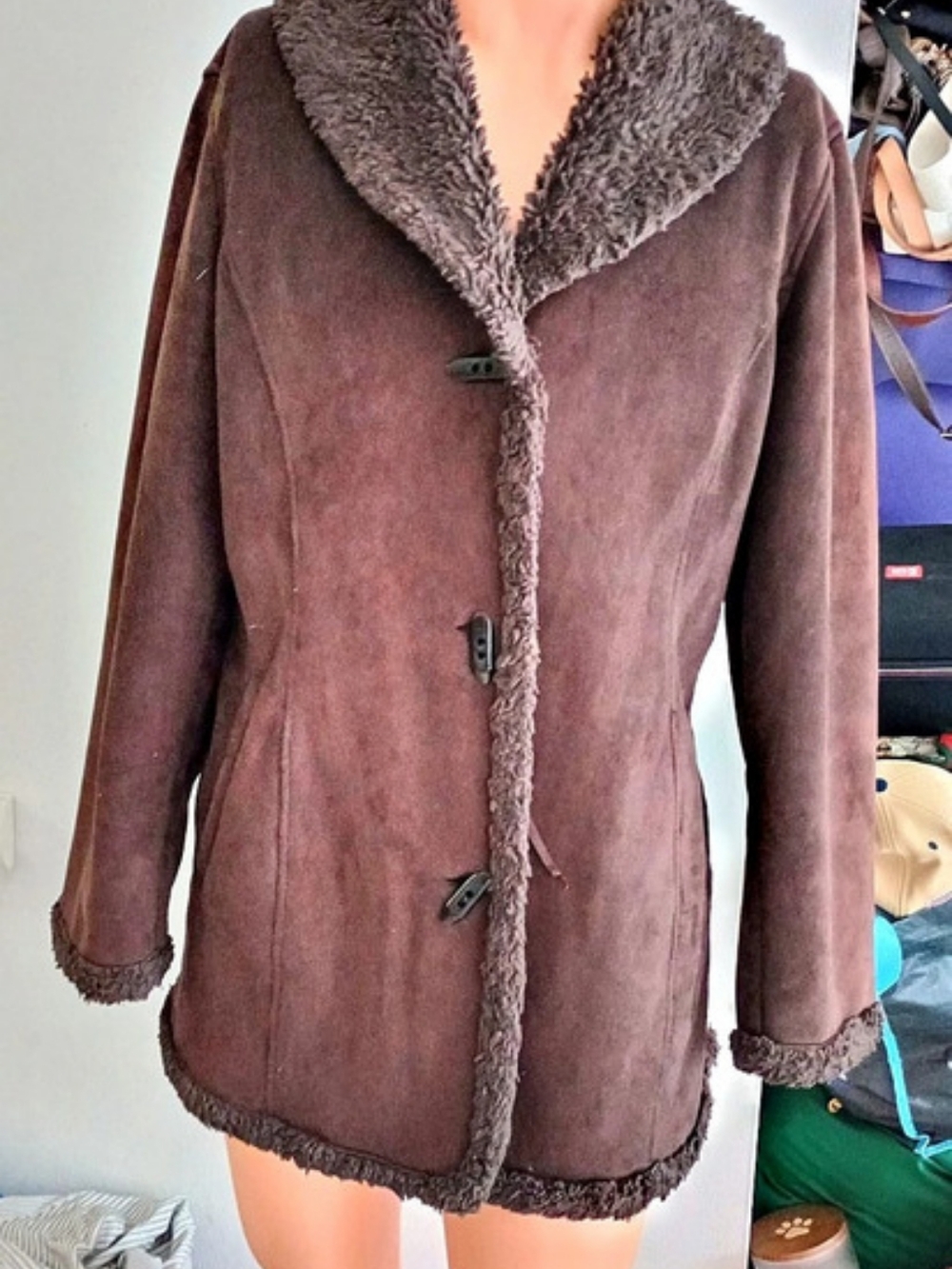 Jones New York Faux Suede Faux Fur Trim Toggle Coat Brown Medium